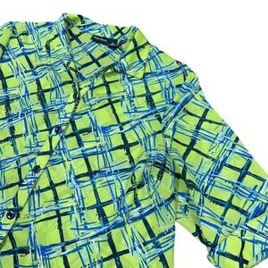 Maggie Barnes Plus 3X Shirt Top Green Blue Plaid Print Button Up Short Sleeve
